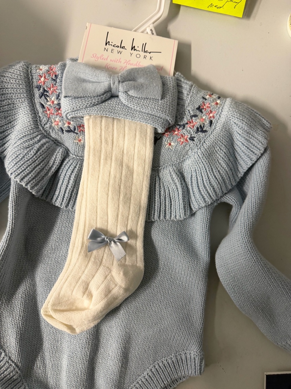 Nicole Miller 6–9 months blue knit bubble  headband  and socks new with tags
